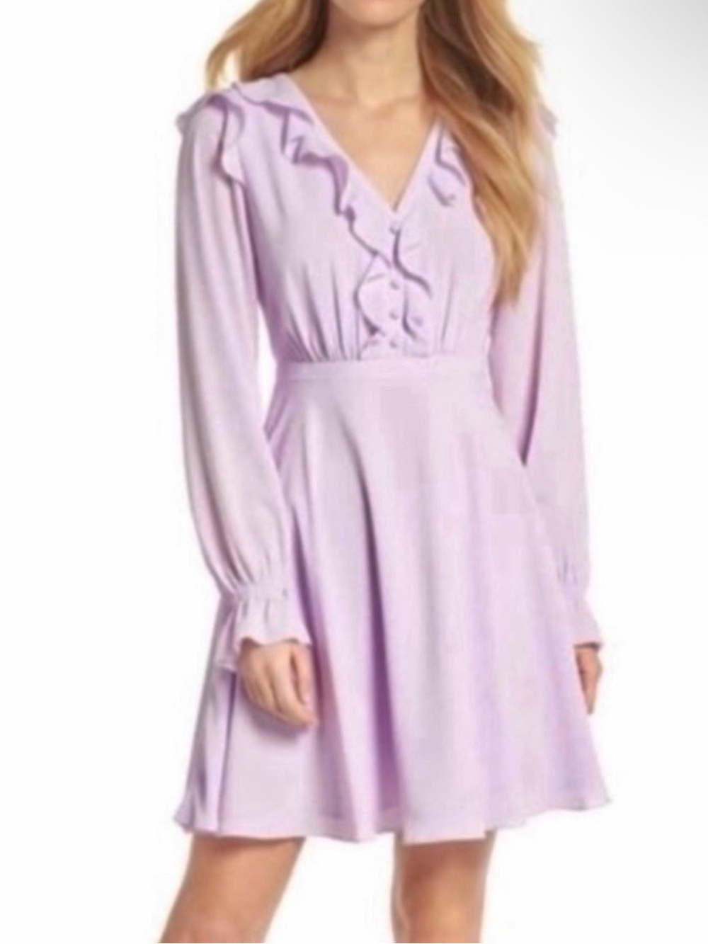 Gal Meets Glam Anthropologie Lavender Ruffle V-Neck Long Sleeve Dress 6